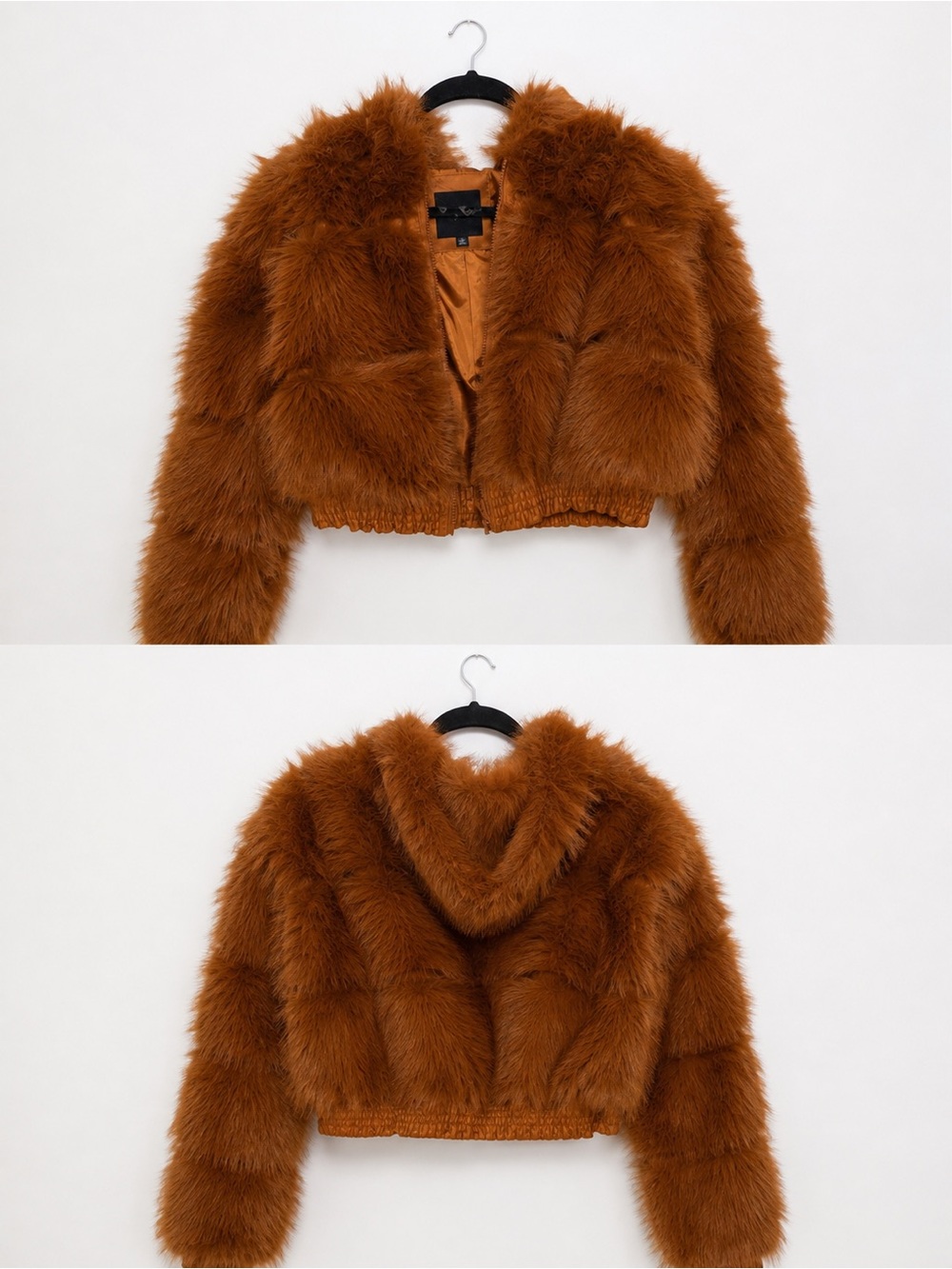 Faux Fur Cropped Hooded Jacket - Rust Brown